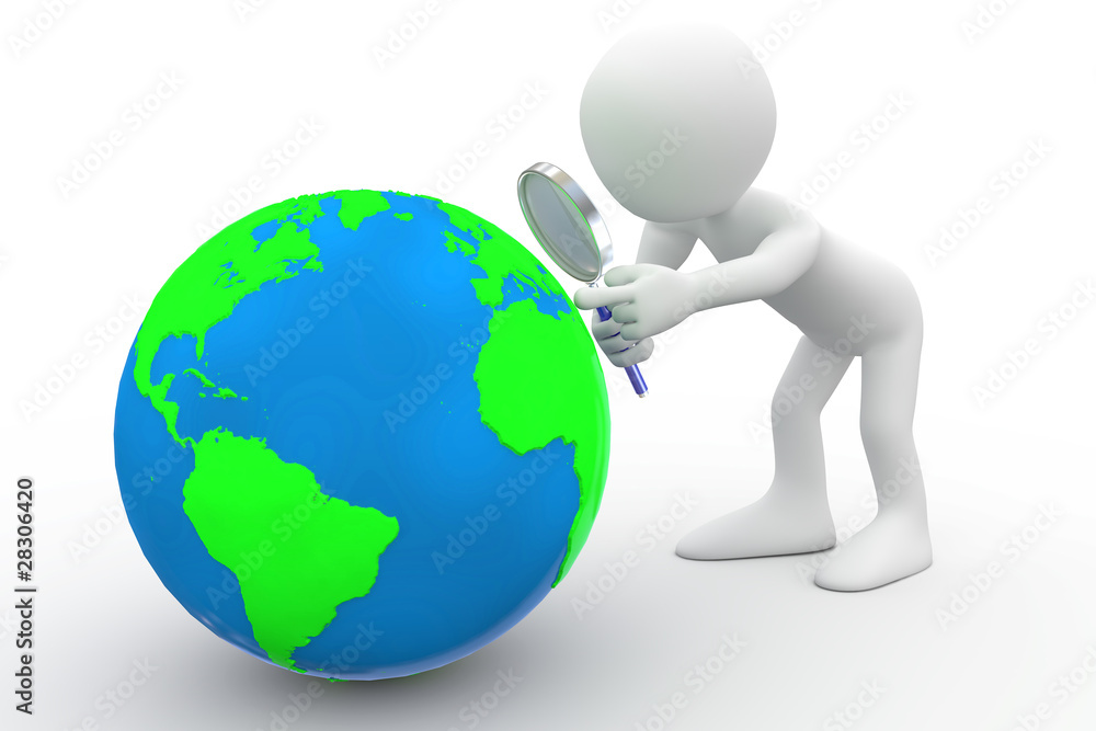 Man with big magnifying glass looking at Earth