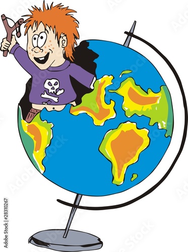 Hooligan with a slingshot and Earth globe perforated