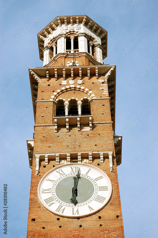 Lamberti Tower close-up and details, Verona, Italy.