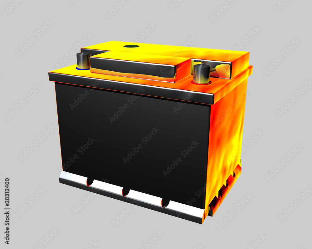 Car battery with hot fire colours on top and sides yellow and