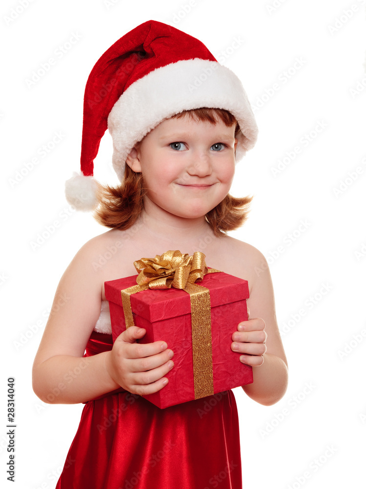Portrait of pretty christmas girl in white dress and santa hat Portrait of pretty christmas girl in white dress and santa hat