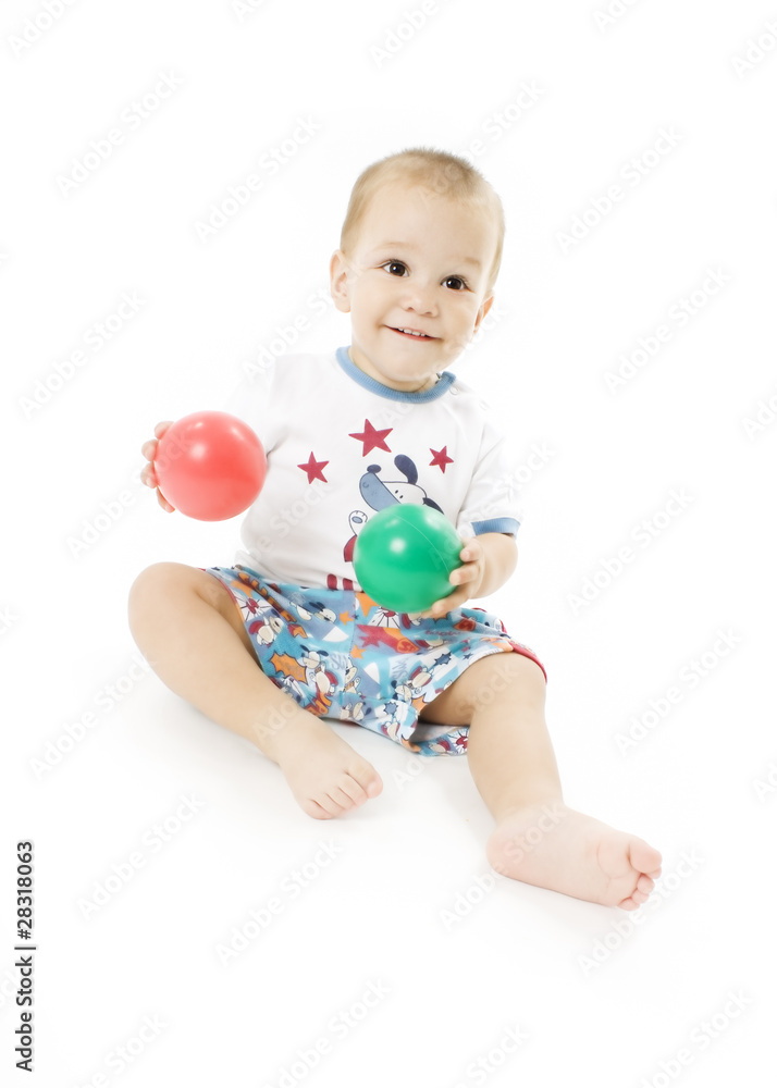 Happy Boy with two balls, isolated on white