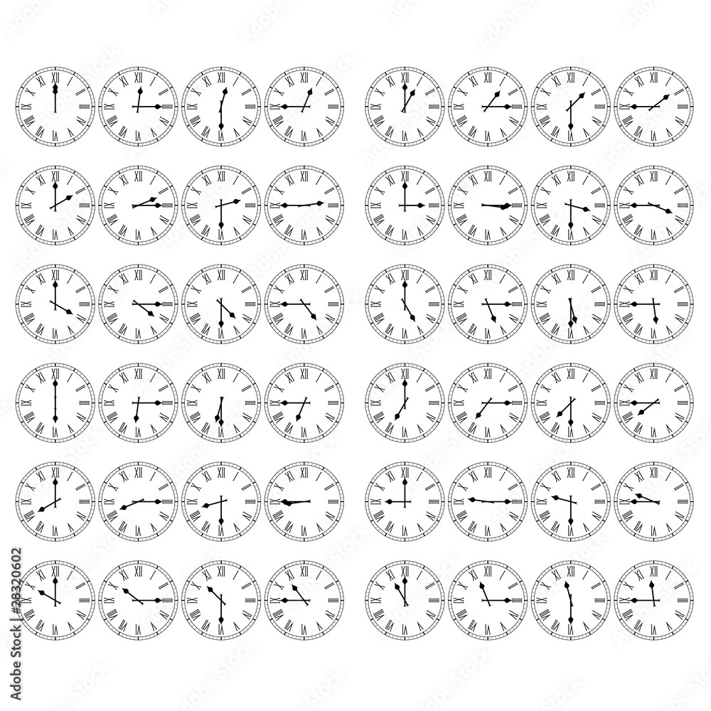 roman-numeral-clocks-showing-12-hours-in-15-minute-intervals-stock