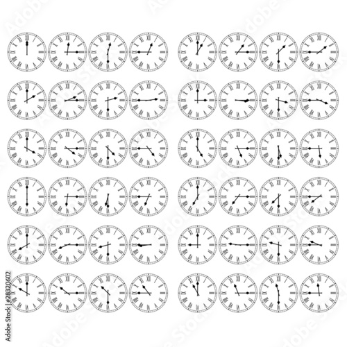 Roman Numeral Clocks Showing 12 Hours in 15 Minute Intervals
