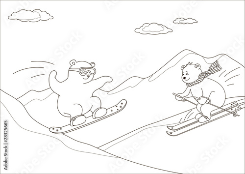 Teddy bears ski in mountains, contours