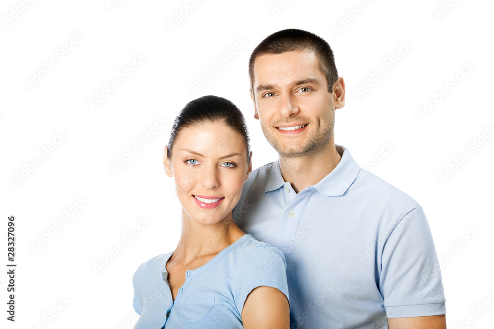 Portrait of young happy smiling attractive couple, isolated Portrait of young happy smiling attractive couple, isolated
