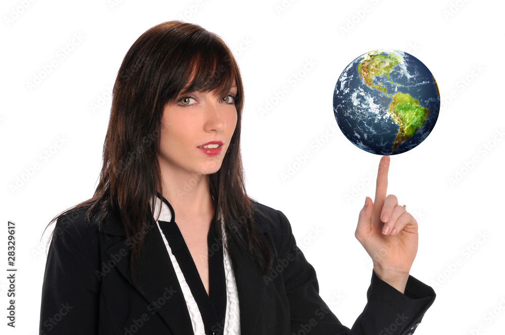 Young businesswoman balancing the earth Young businesswoman balancing the earth