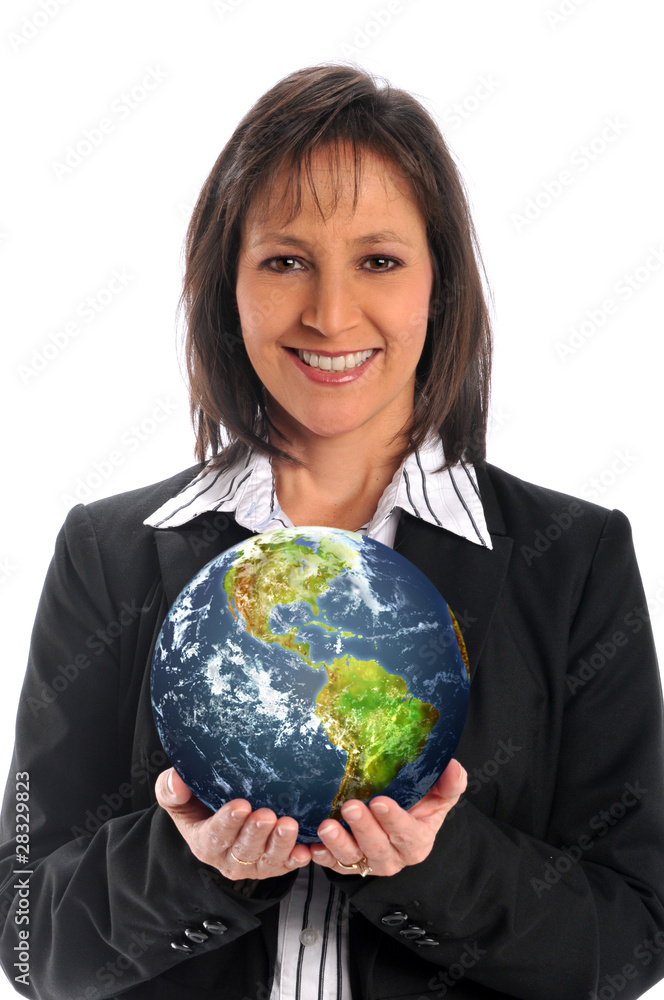 Businesswoman holding the earth Businesswoman holding the earth