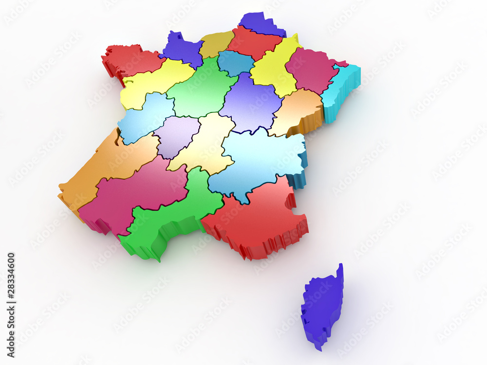 Fototapeta premium Three-dimensional map of France on white isolated background