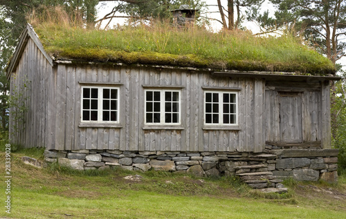 Old wooden mountain cabin with turf roof