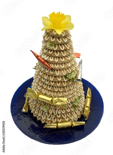 Traditional Scandinavian tower cake (kransekake) photo