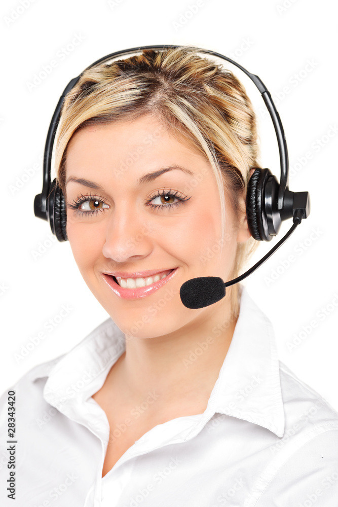 Portrait of a young female customer service operator wearing a h