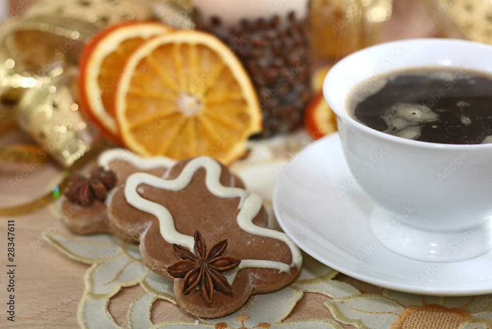 coffe, oranges and gingerbreads with spices coffe, oranges and gingerbreads with spices