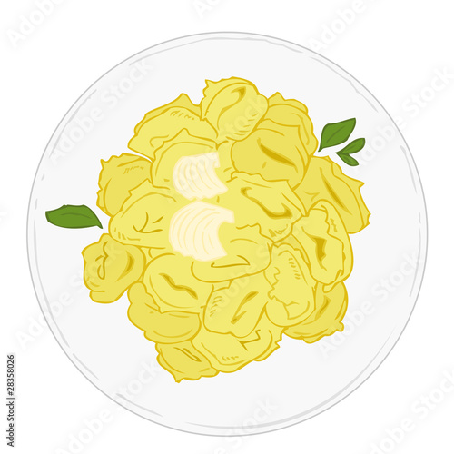 Tortellini with butter and sage on white dish.