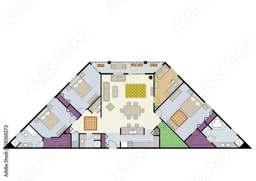 Floor plan of three-bedroom apartment with den and furniture