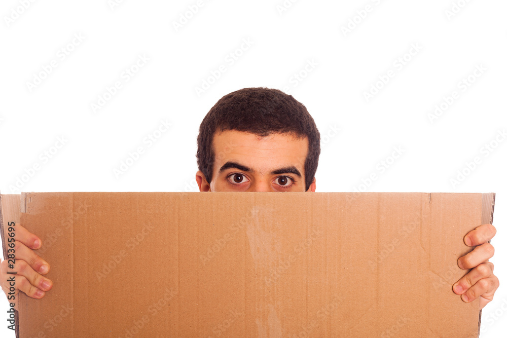 Young Man Holding Blank Carboard with Copy Space Young Man Holding Blank Carboard with Copy Space