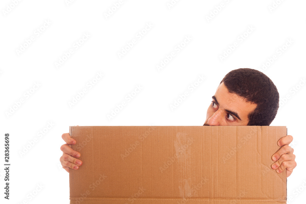 Young Man Holding Blank Carboard with Copy Space Young Man Holding Blank Carboard with Copy Space