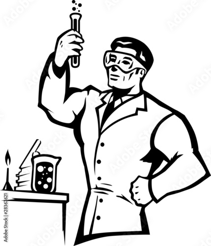 Stylized scientist mixing chemicals in a bold way.