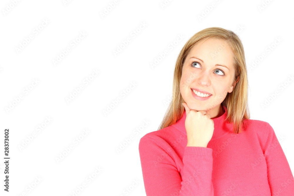 Beautiful girl in pink looking up and to the left Beautiful girl in pink looking up and to the left