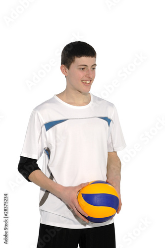 Volleyball player with the ball on a white background