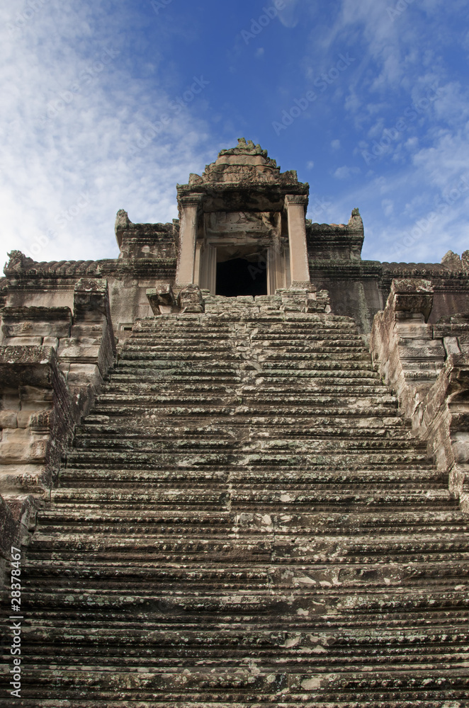Steps leading to Angkor Wat stone towers in Cambodia