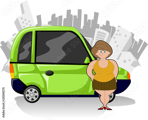 Chubby cartoon woman with green compact car in the city