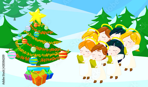 angels kids singing carols under christmas tree