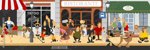 Sidewalk full of people with stores on the background