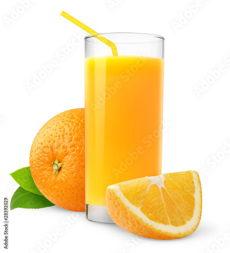 Isolated fruit drink. Glass of fresh juice and orange slices isolated on white background