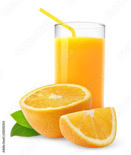 Isolated drink. Glass of fresh juice and slices of orange fruit isolated on white background