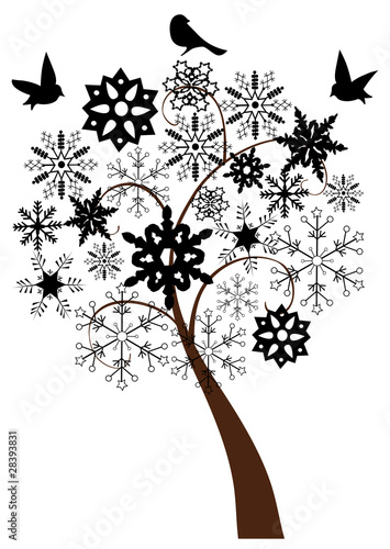 snow tree with birds