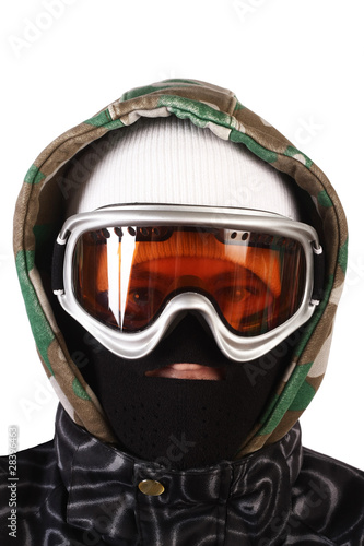 portrait of a boy snowboarding isolated on white background