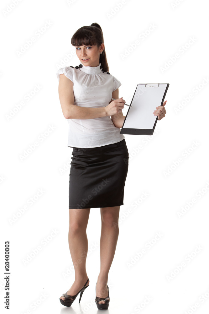 Businesswoman shows blank clipboard Businesswoman shows blank clipboard