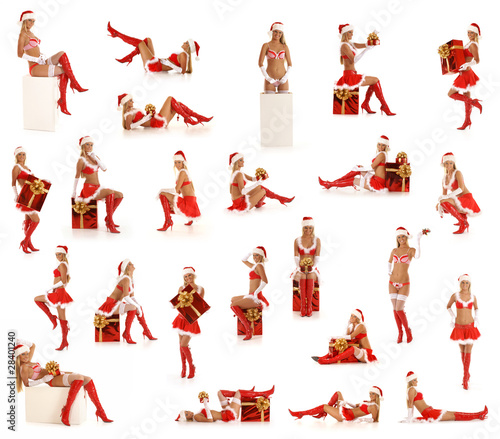 Fototapeta Naklejka Na Ścianę i Meble -  A set of sexy girls in Santa costumes in different poses