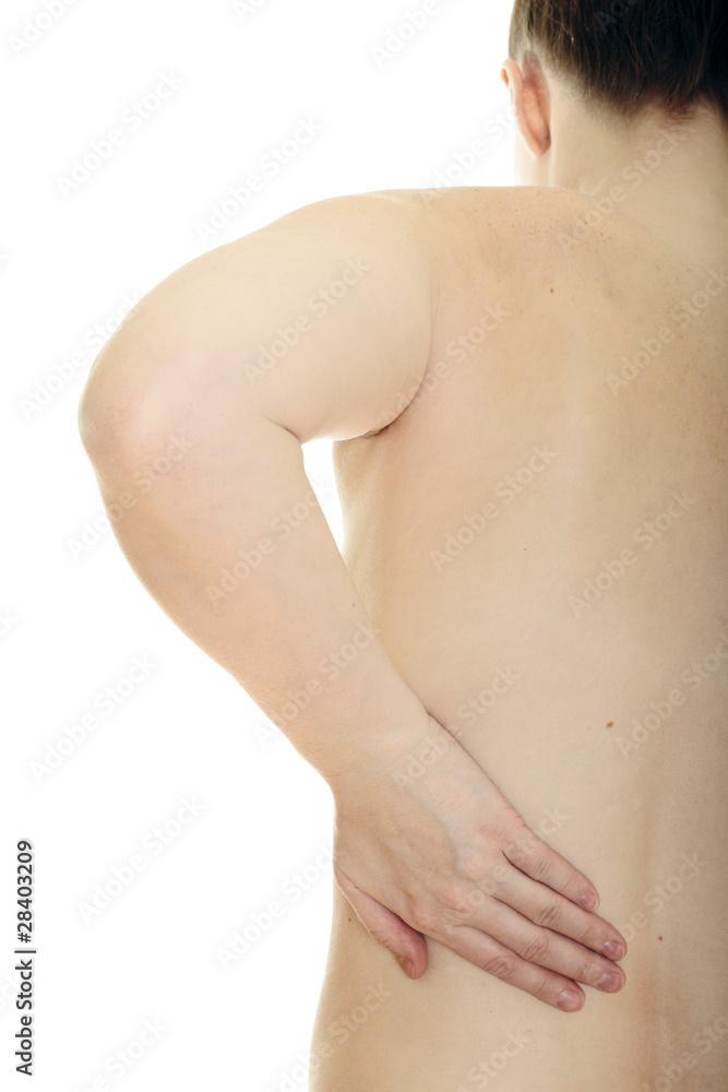 Woman massaging pain back isolated over white Woman massaging pain back isolated over white