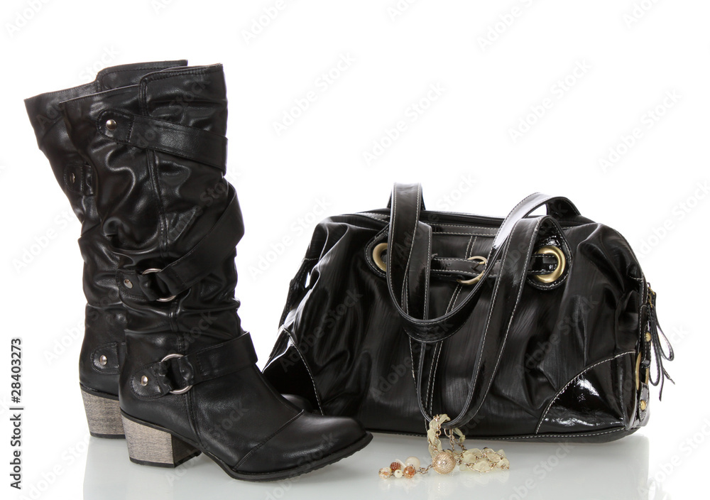 Black female boots and bag. Black female boots and bag.