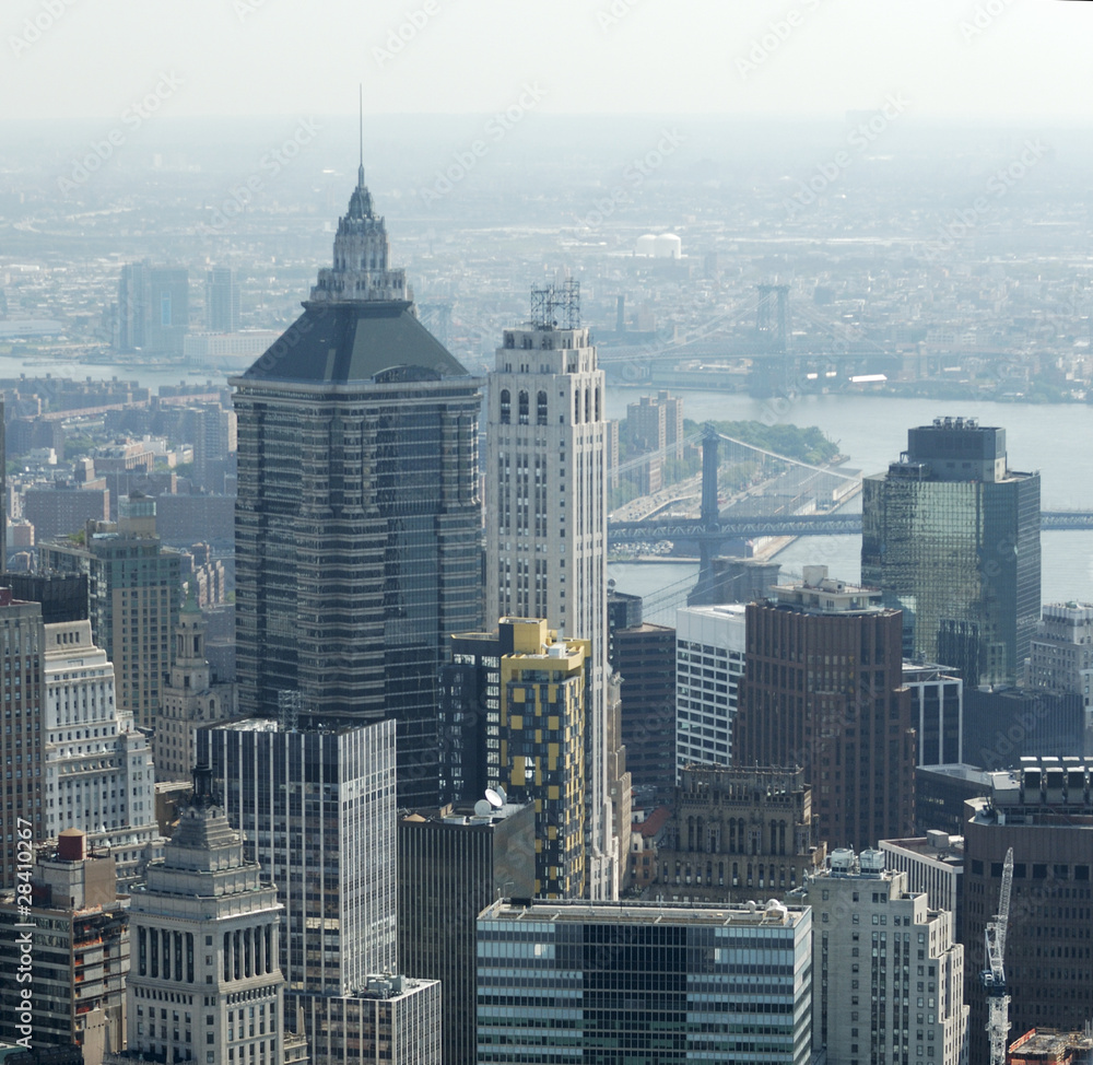 Aerial of Lower Manhattan buildings