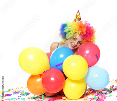 young happy woman with balloons over white