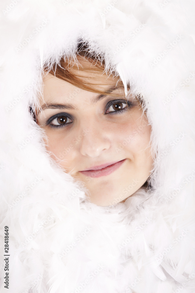 winter girl portrait in feathers