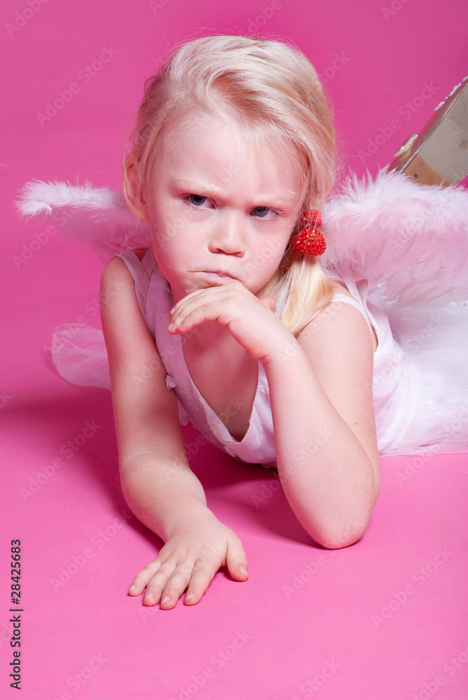 picture of lonely angel girl over pink