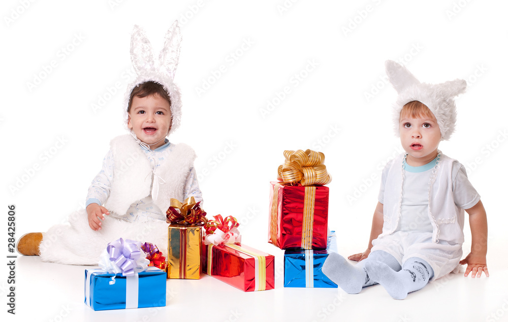 two new year rabbit boy with gifts two new year rabbit boy with gifts
