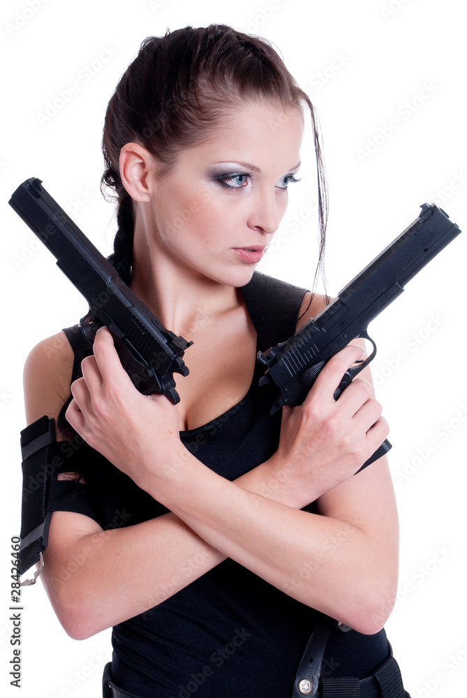 Beautiful girl with gun on white background Beautiful girl with gun on white background