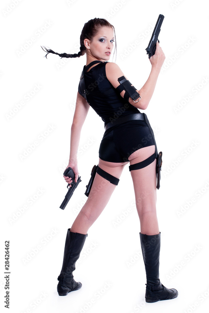 Beautiful girl with gun on white background Beautiful girl with gun on white background