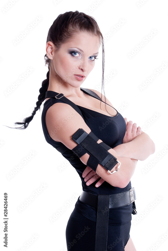 Beautiful girl with gun on white background Beautiful girl with gun on white background