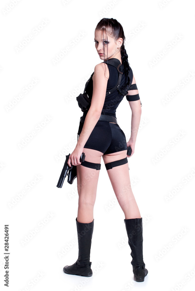 Beautiful girl with gun on white background Beautiful girl with gun on white background