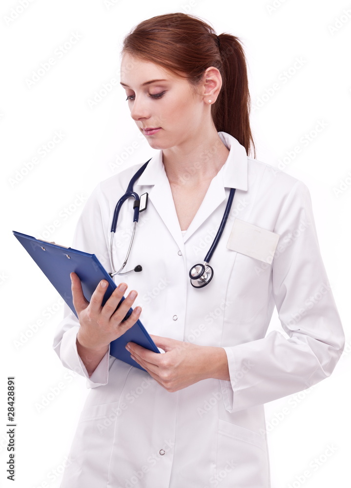 Doctor looking in medical card. Isolated on a white. Doctor looking in medical card. Isolated on a white.