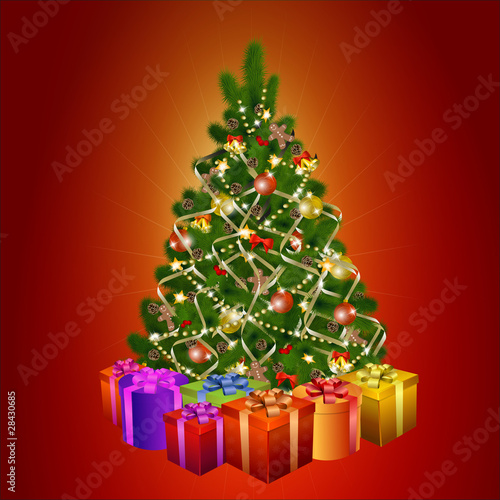 Christmas tree with gift boxes on red background