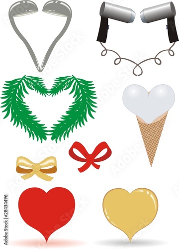 hearts from fir branches, ladles, hairdryers, gold and red bows