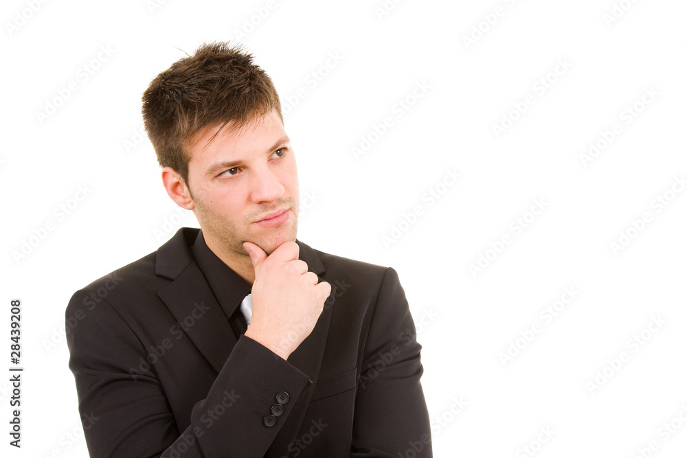 Picture of a pensive young business man in white background Picture of a pensive young business man in white background