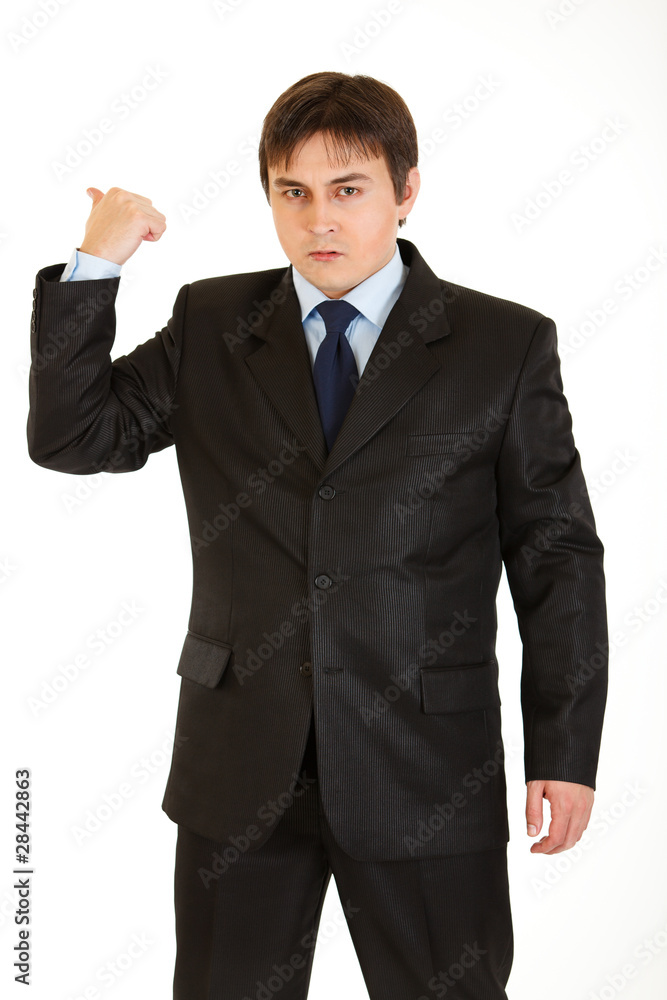 Angry businessman showing get out gesture isolated on white. Angry businessman showing get out gesture isolated on white.